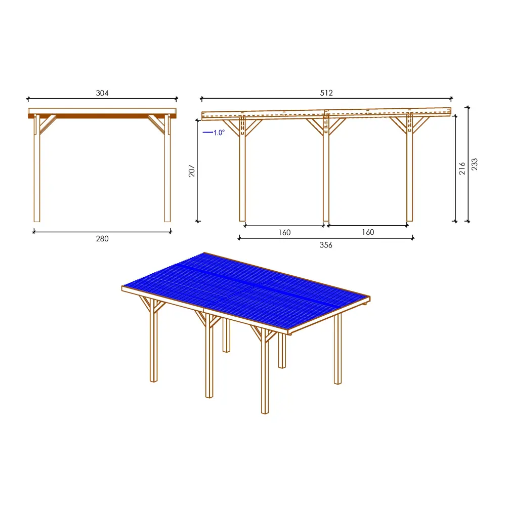 Carport, abri de voiture  3.04x5.12 m - 15.56 m2 - couverture PVC 