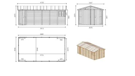 Garage en bois - 18.19m2 - 3.05x5.91m - Ep. 18mm - couleur: naturel