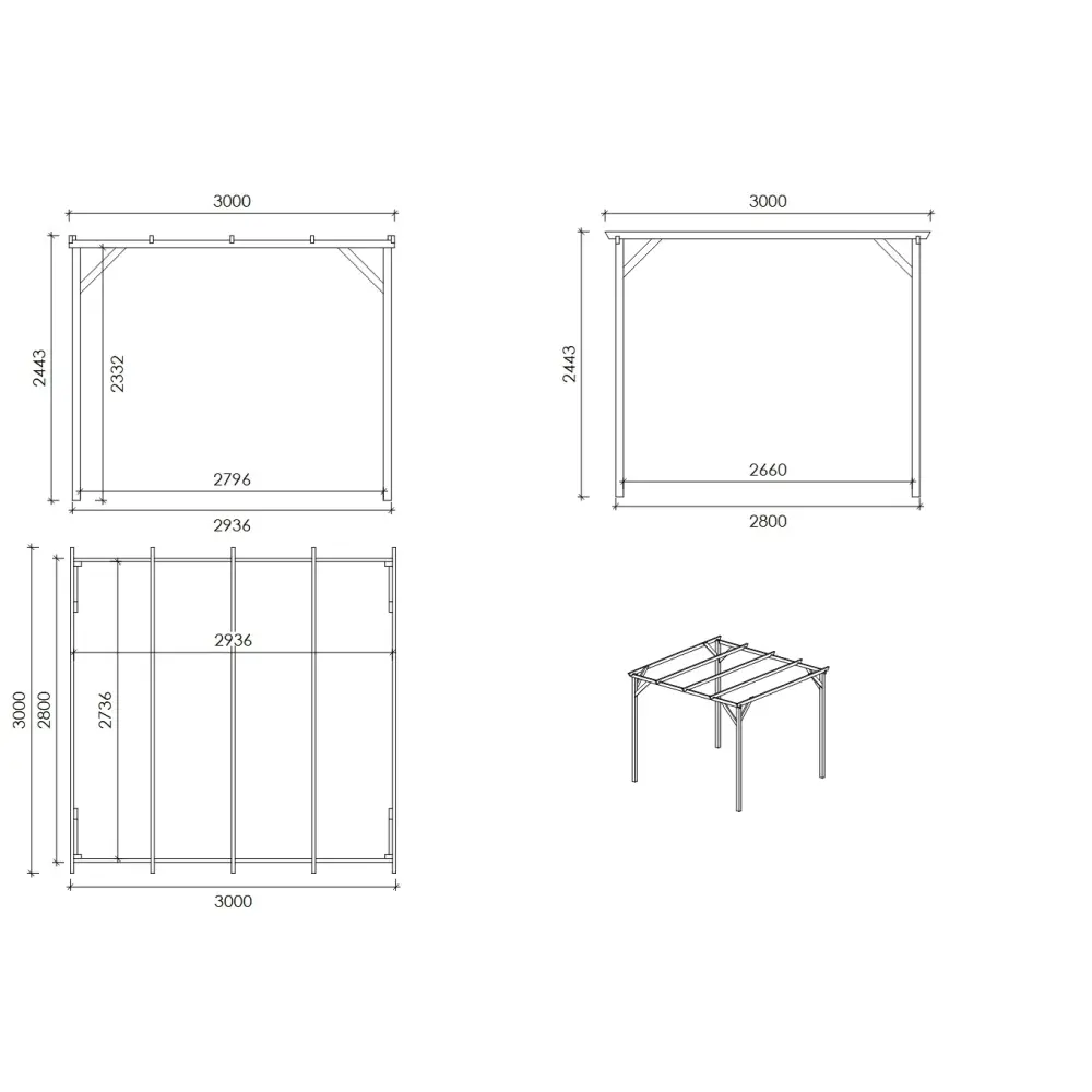 Carport, abri de voiture  3x3 m - 9 m2
