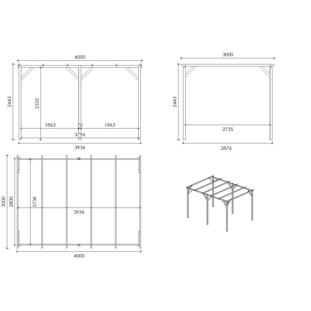 Carport, abri de voiture  3x4 m - 12 m2