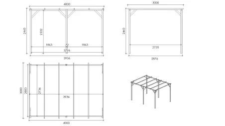 Carport, abri de voiture  3x4 m - 12 m2