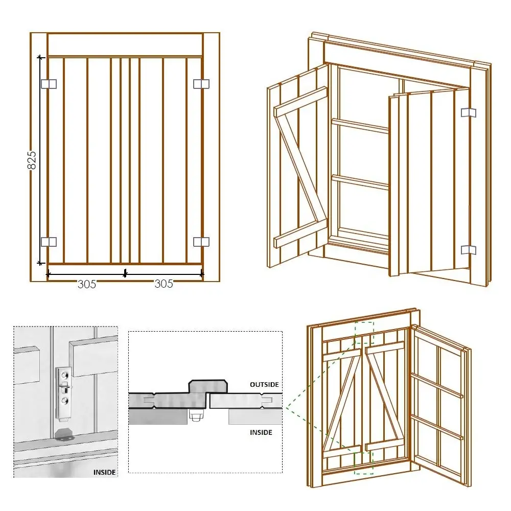 Volets en bois pour fenêtre, imprégnés en marron - ensemble
