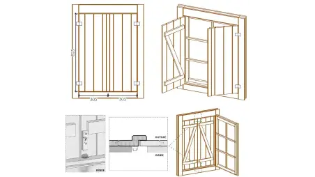 Volets en bois pour fenêtre, imprégnés en marron - ensemble