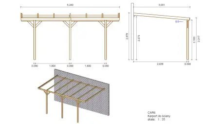 Carport, abri de voiture  3x5.24 m - 15 m2 - adossé 