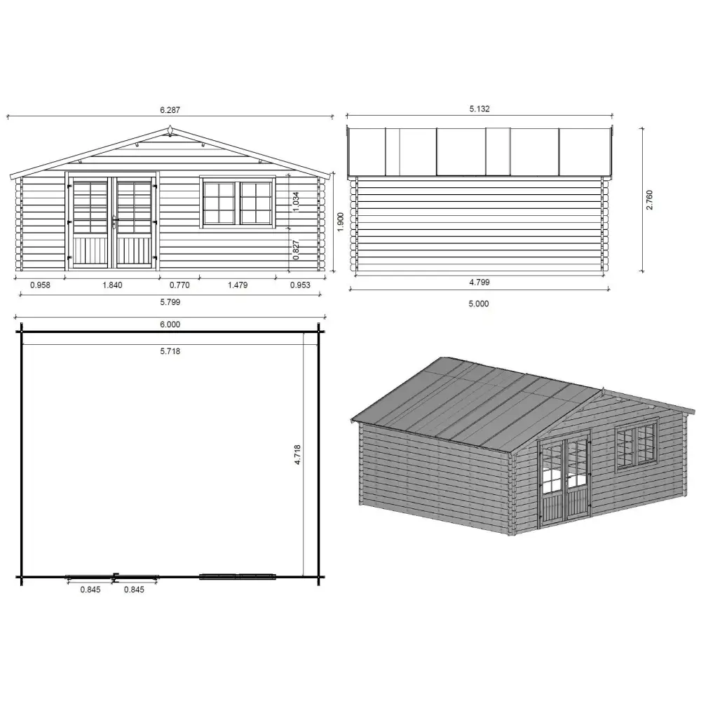 Abri de jardin en bois - 30m2 - 6x5m - Ep. 40mm - Couleur: naturel