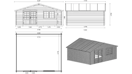 Abri de jardin en bois - 30m2 - 6x5m - Ep. 40mm - Couleur: naturel