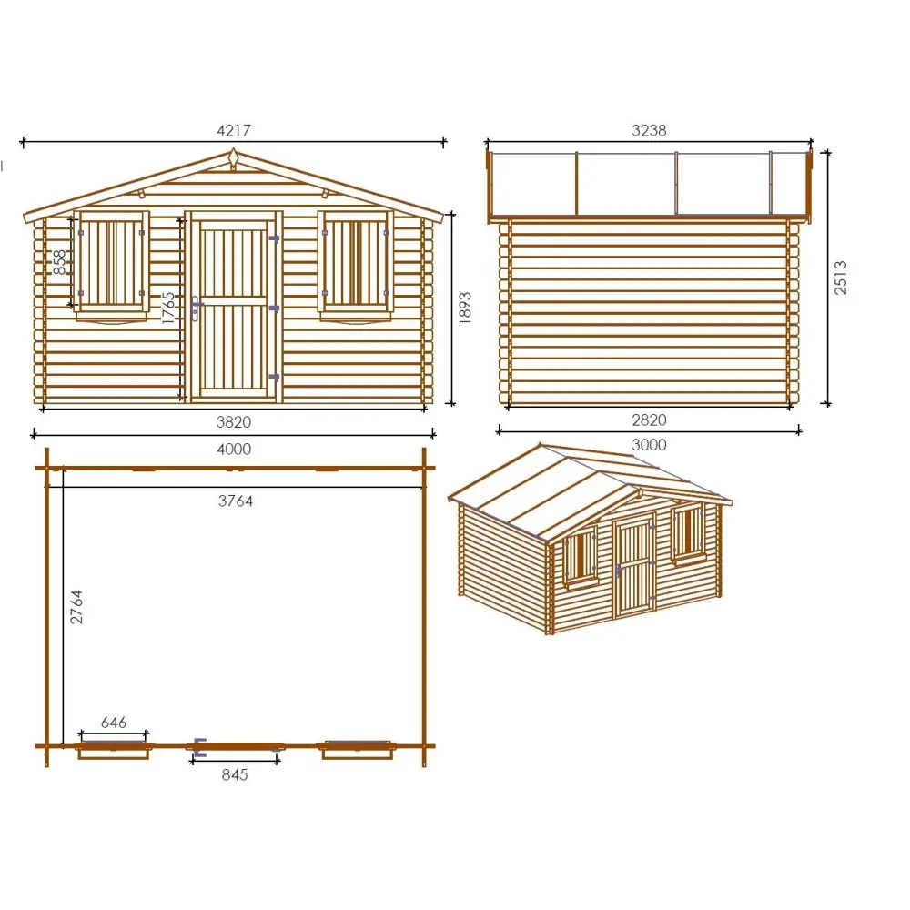 Abri de jardin en bois - 12m2 - 4x3m - Ep. 28mm - Couleur: naturel