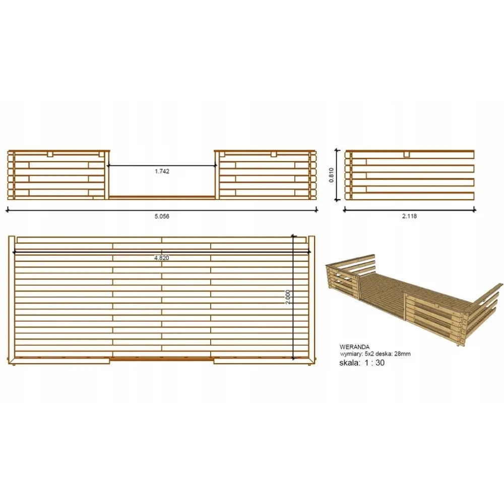 Terrasse en bois avec balustrade pour abri en bois - 10m2 - 5m x 2m - imprégnée - couleur: marron