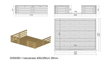 Terrasse en bois avec balustrade pour abri en bois - 12m2 - 4m x 3m - couleur: naturel