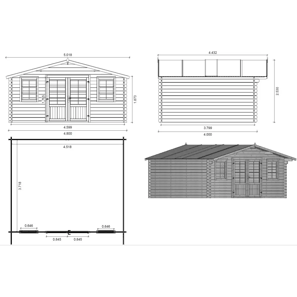 Abri de jardin en bois - 19.2m2 - 4.8x4m - Ep. 40mm - Couleur: naturel