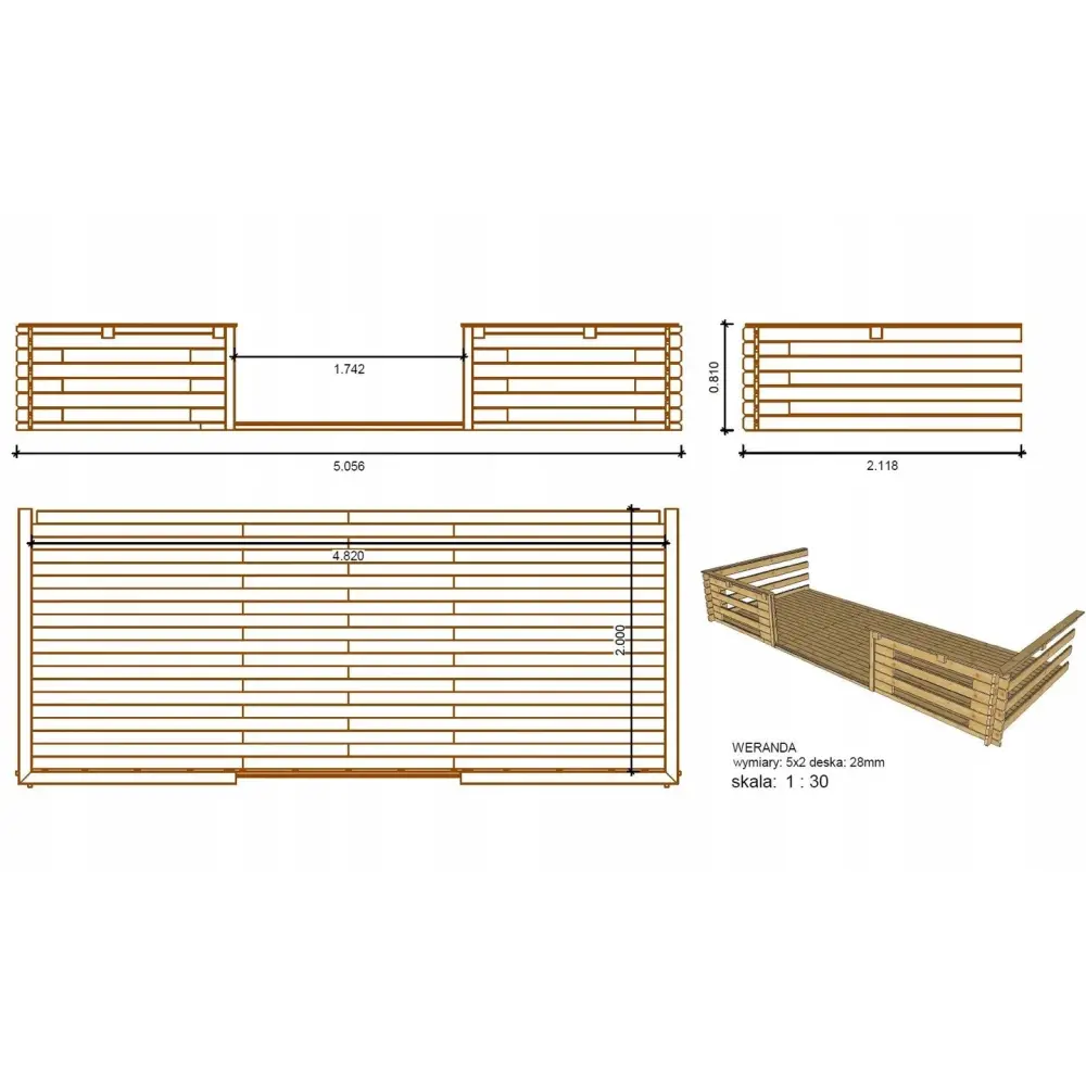 Terrasse en bois avec balustrade pour abri en bois - 10m2 - 5m x 2m - couleur: naturel