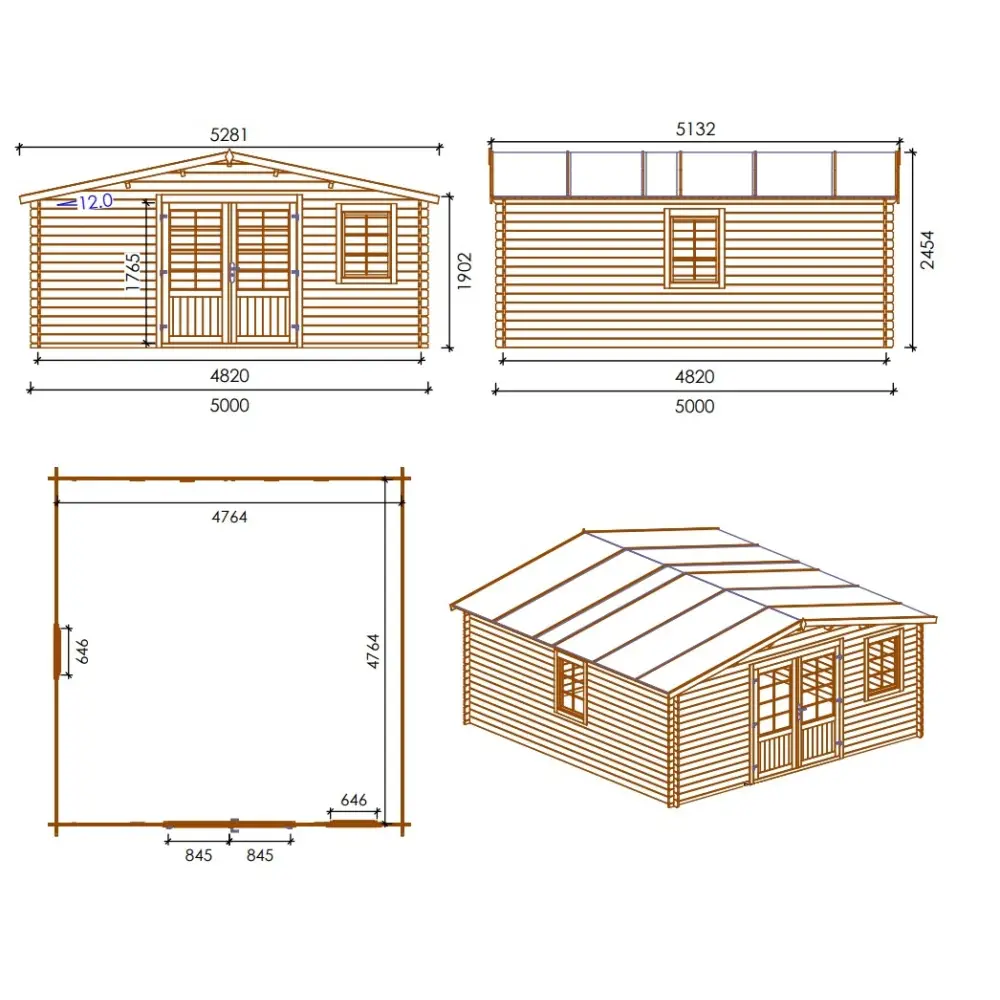 Abri de jardin en bois - 5x5 m + terrasse avec balustrade et avant-toit en bois - 35 m2