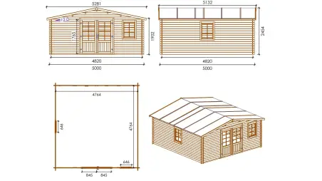 Abri de jardin en bois - 5x5 m + terrasse avec balustrade et avant-toit en bois - 35 m2