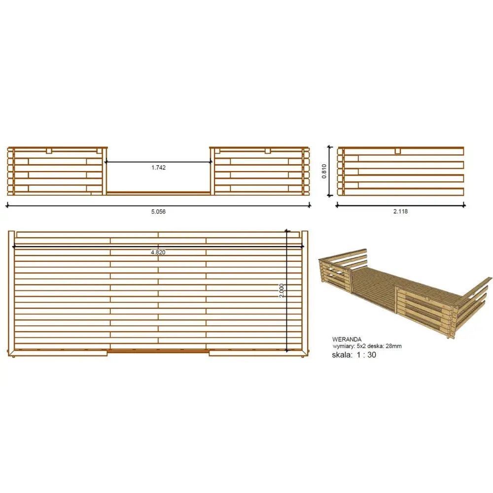 Abri de jardin en bois - 5x5 m + terrasse avec balustrade et avant-toit en bois - 35 m2