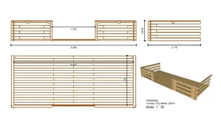 Abri de jardin en bois - 5x5 m + terrasse avec balustrade et avant-toit en bois - 35 m2