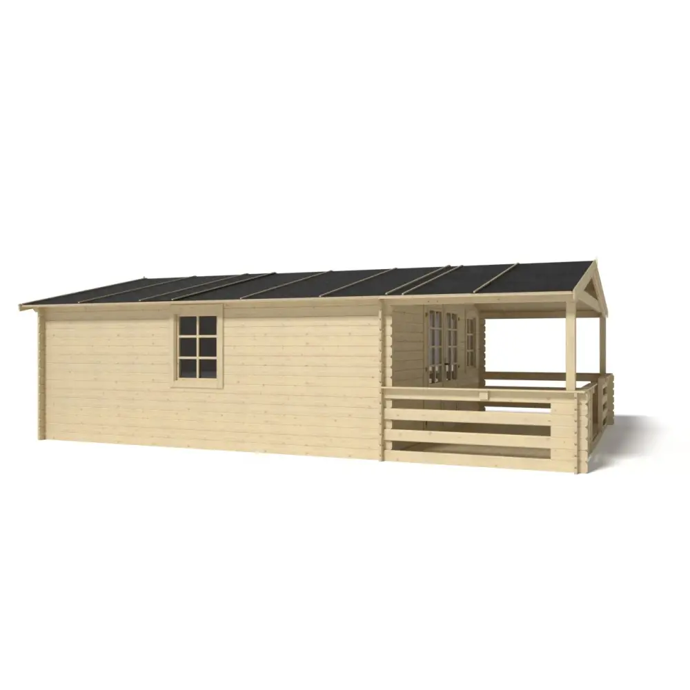 Abri de jardin en bois - 5x5 m + terrasse avec balustrade et avant-toit en bois - 35 m2