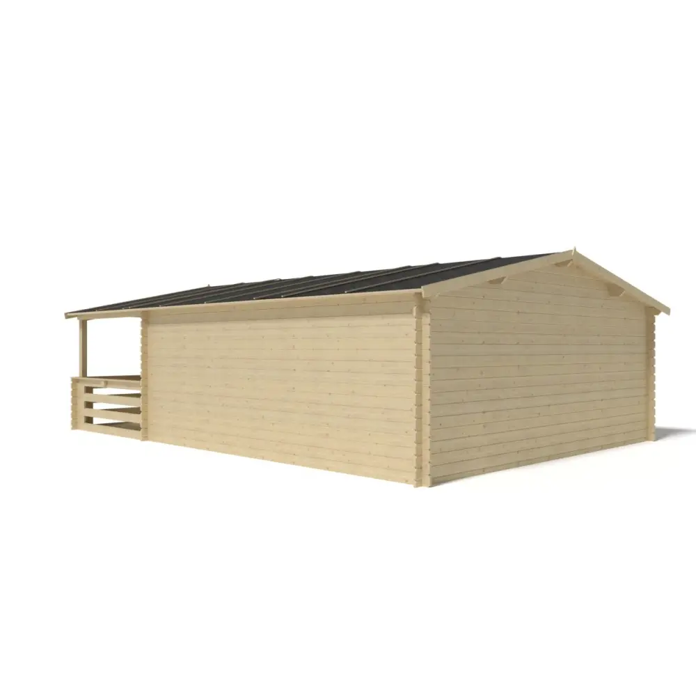 Abri de jardin en bois - 5x5 m + terrasse avec balustrade et avant-toit en bois - 35 m2