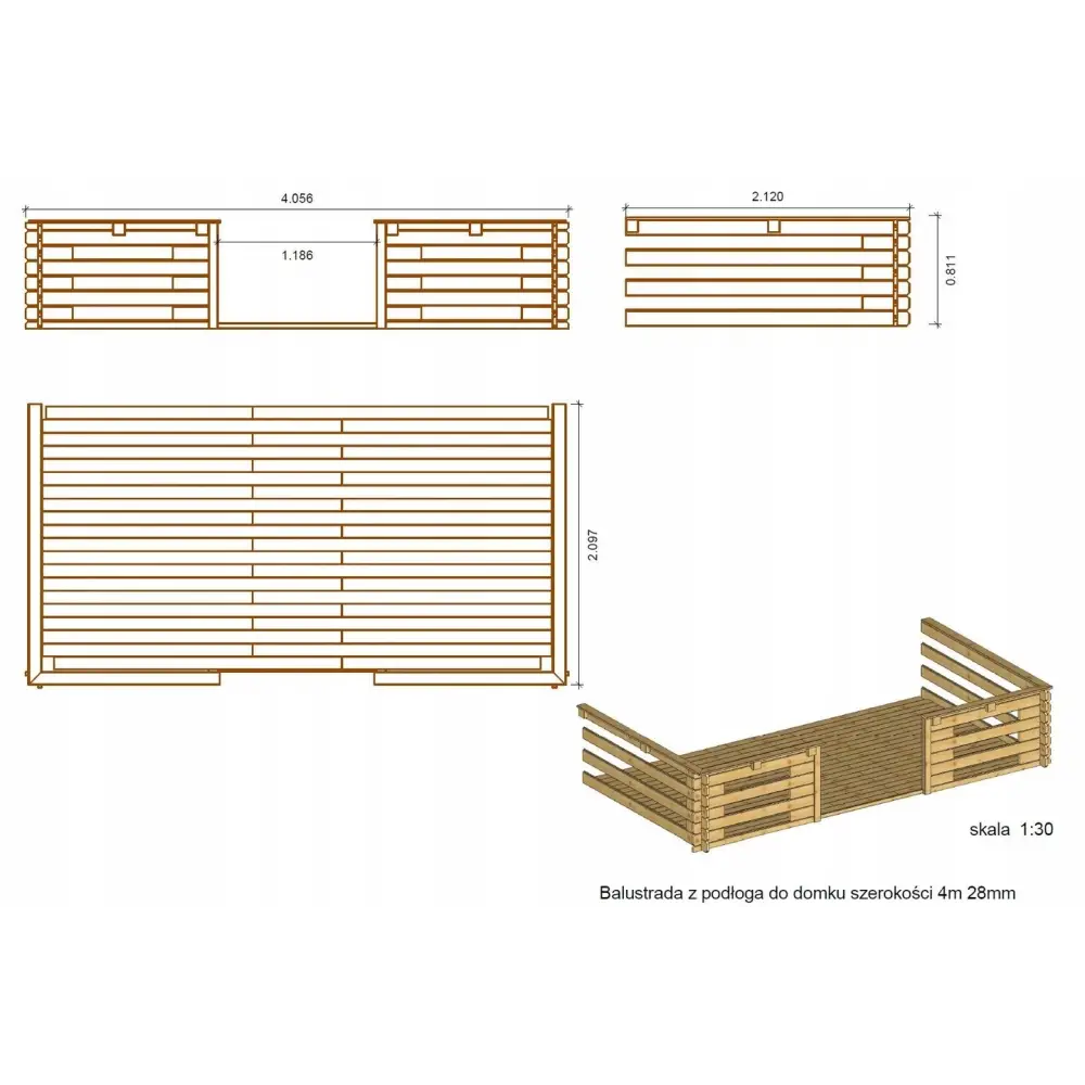 Terrasse en bois avec balustrade pour abri en bois - 8m2 - 4m x 2m - couleur: naturel
