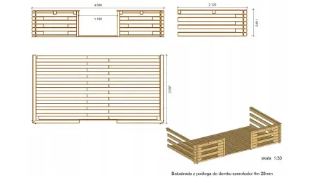 Terrasse en bois avec balustrade pour abri en bois - 8m2 - 4m x 2m - couleur: naturel