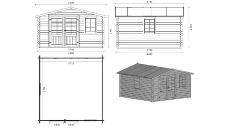 Abri de jardin en bois - 16m2 - 4x4m - Ep. 40mm - Couleur: naturel