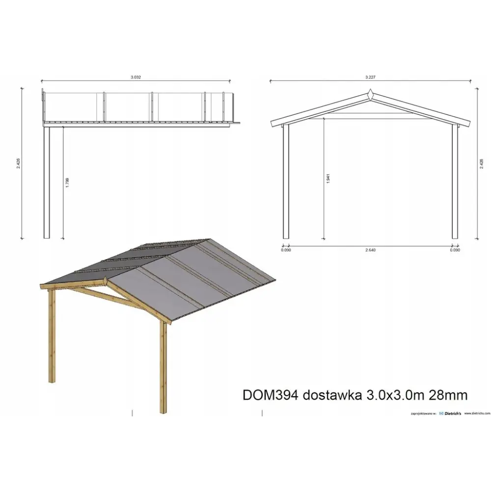 Avant-toit en bois 3x3m pour le chalet de jardin 3m, traité, marron