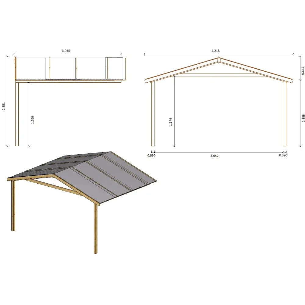 Avant-toit en bois 4x3m pour le chalet de jardin 4m, traité, marron