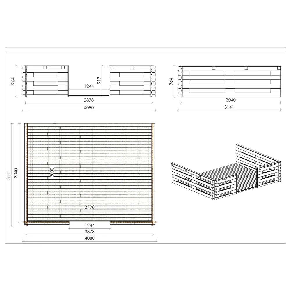 Terrasse en bois avec balustrade pour abri en bois - 12m2 - 4m x 3m - couleur: naturel