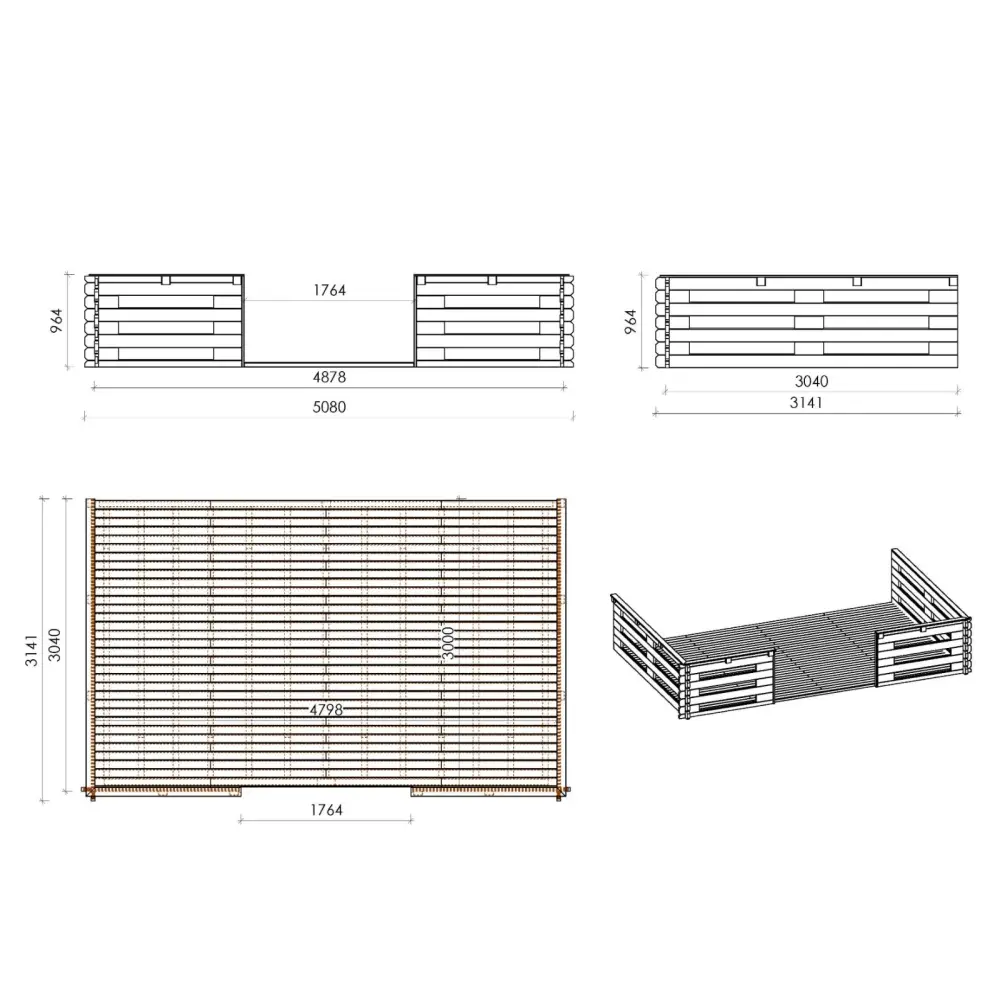 Terrasse en bois avec balustrade pour abri en bois - 15m2 - 5m x 3m - couleur: naturel