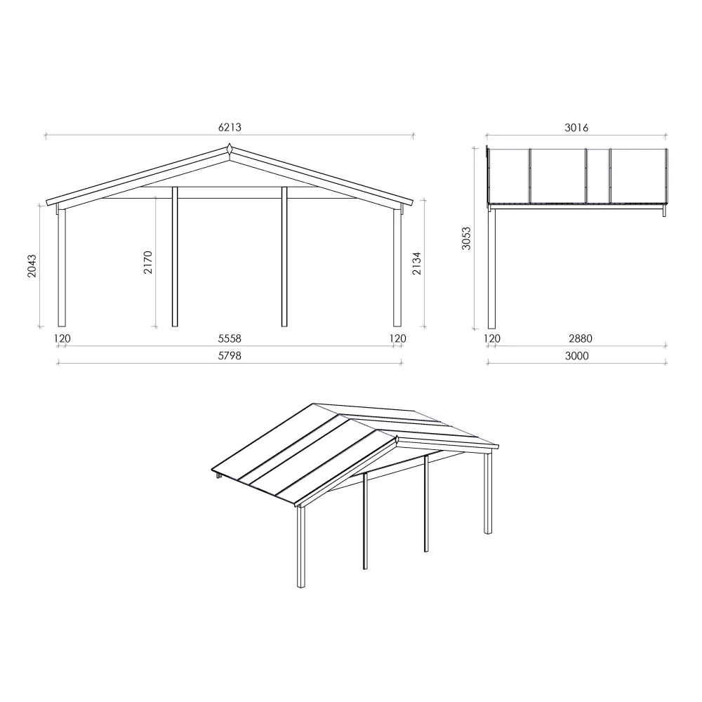 Avant-toit en bois 6x3m pour le chalet de jardin 6m, couleur naturel