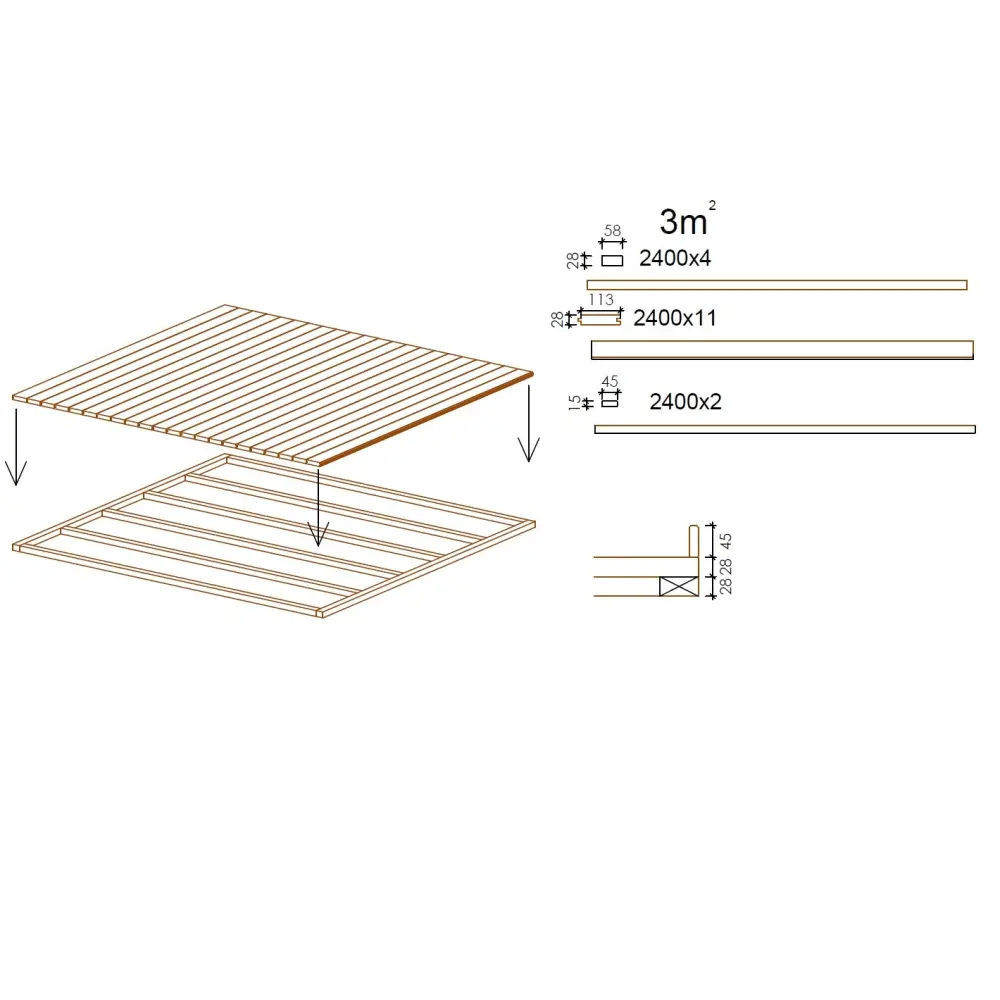 Plancher universel pour abris de jardin - 28 mm - paquet de 3 m2 - Non traité