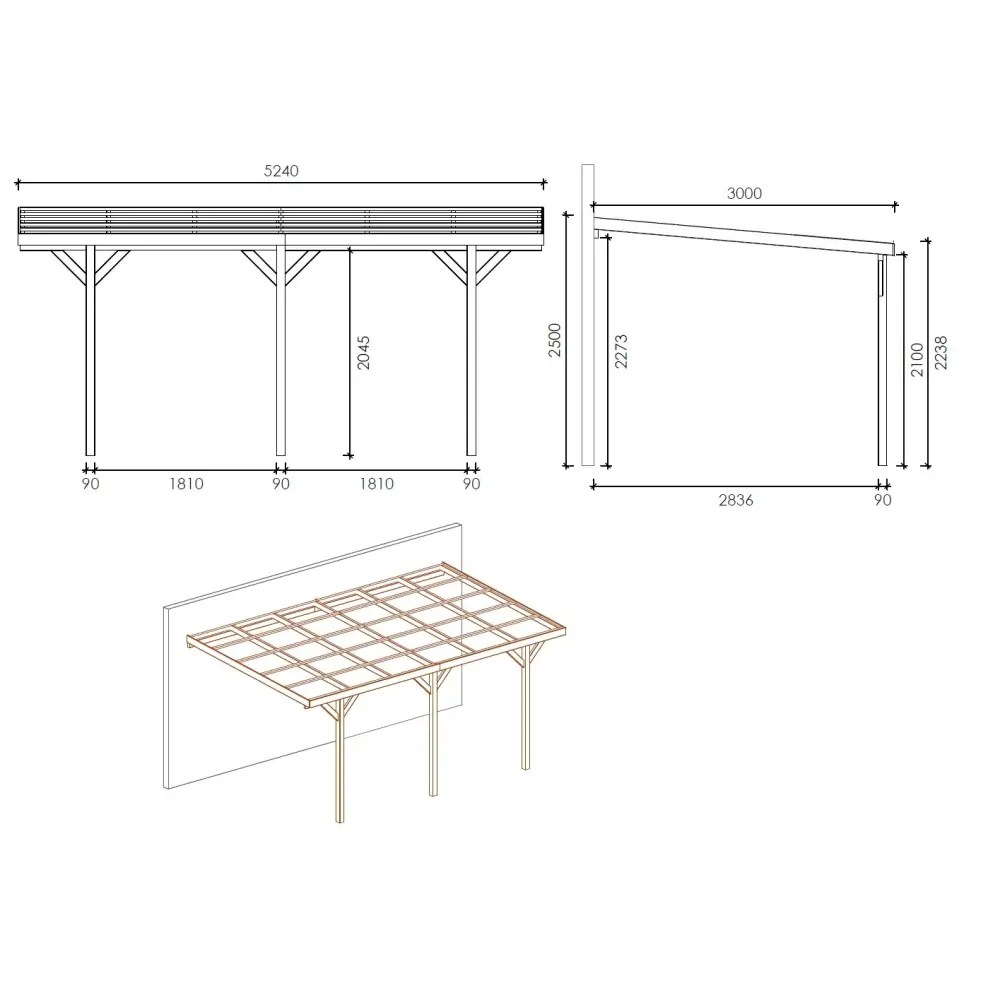 Carport, abri de voiture  3x5.24 m - 15 m2 - adossé 