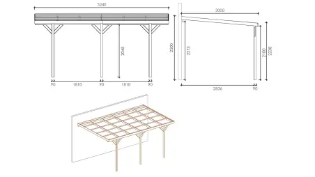 Carport, abri de voiture  3x5.24 m - 15 m2 - adossé 