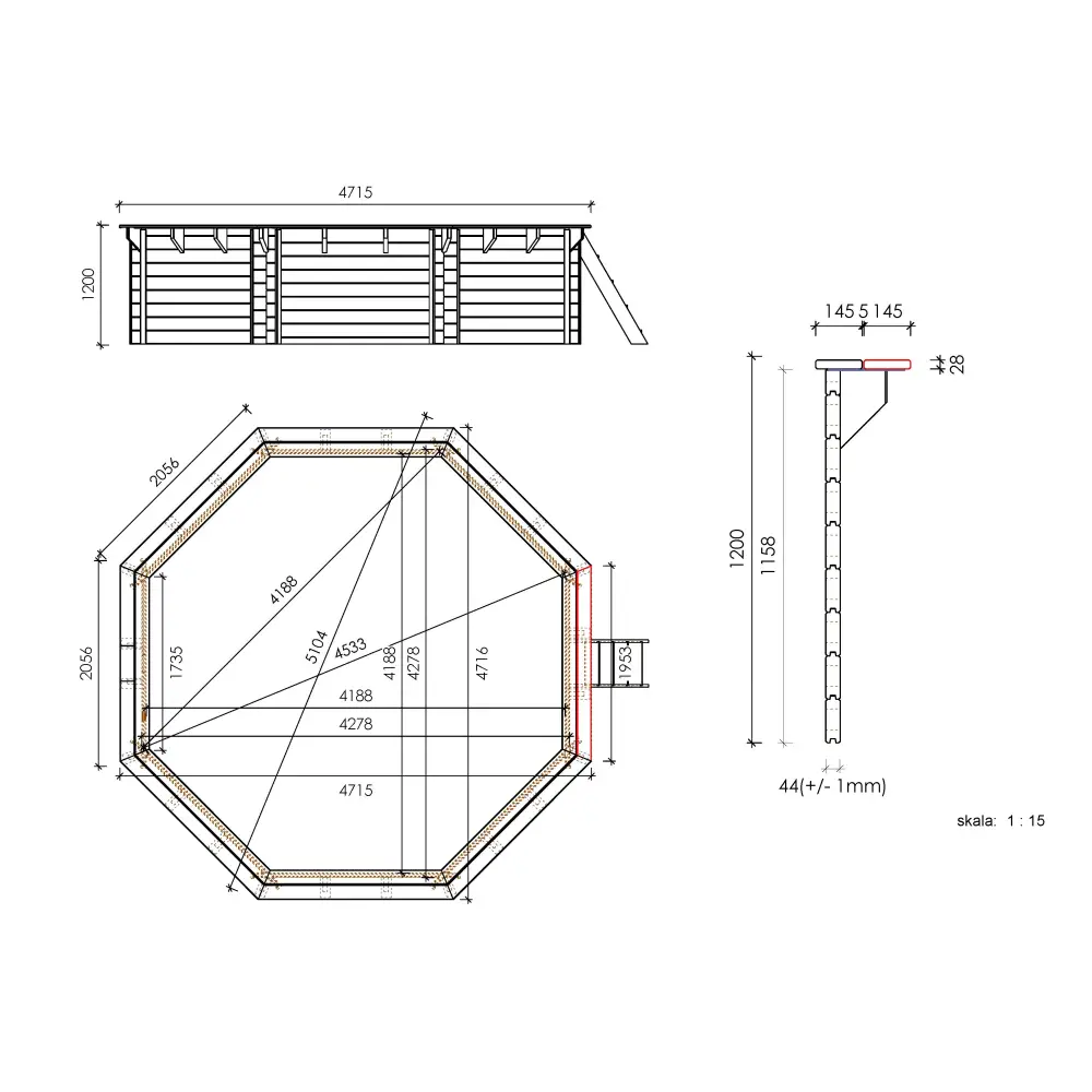 Piscine en bois 4.71x4.72 - H.1.2 m  autoportante