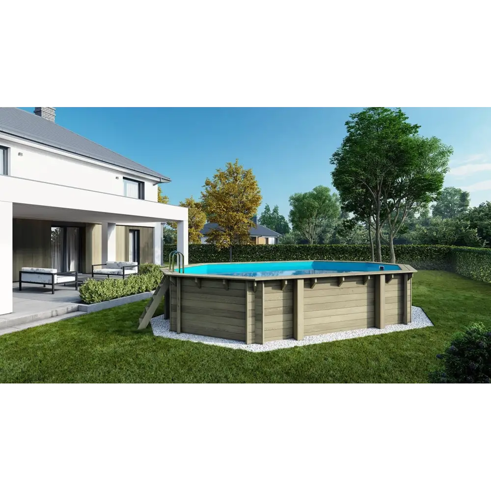 Piscine en bois 6.57x4.07 - H.1.2 m fixations à sceller