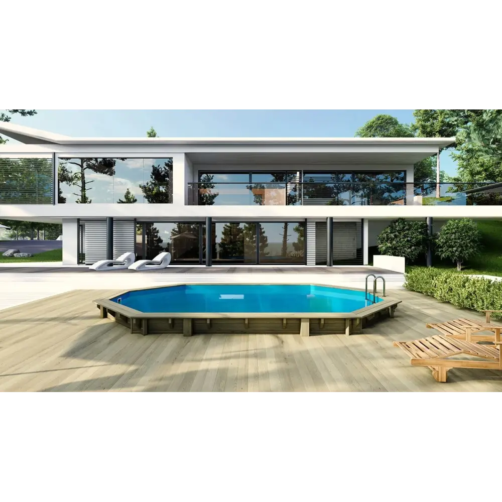 Piscine en bois 6.57x4.07 - H.1.2 m fixations à sceller