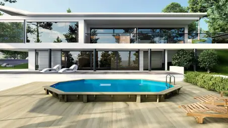Piscine en bois 6.57x4.07 - H.1.2 m fixations à sceller