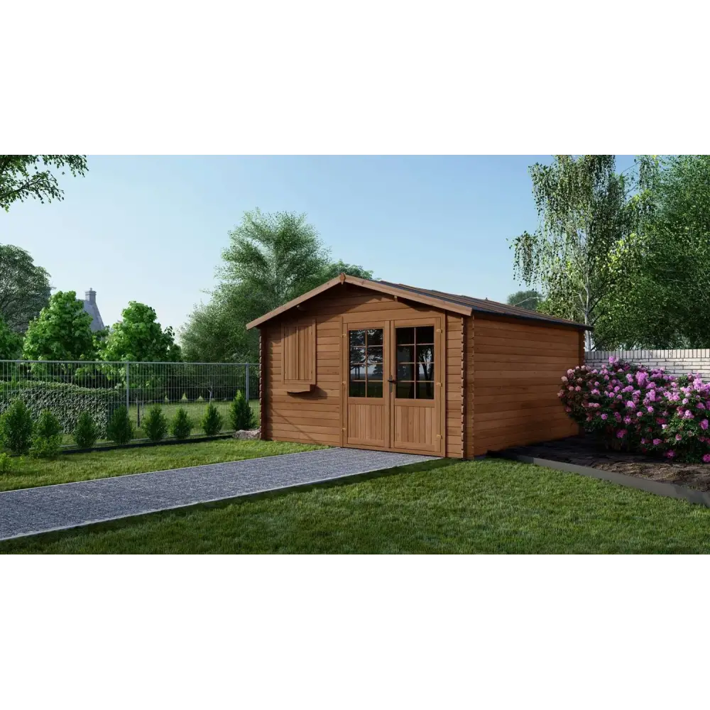 Abri de jardin en bois - 16m2 - 4x4m - Traité - Ep. 28mm - Couleur: marron