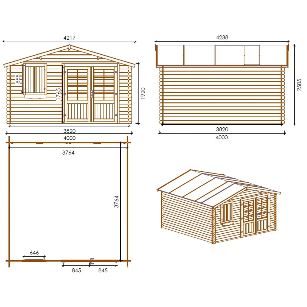 Abri de jardin en bois - 16m2 - 4x4m - Ep. 28mm - Couleur: naturel