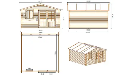 Abri de jardin en bois - 16m2 - 4x4m - Ep. 28mm - Couleur: naturel