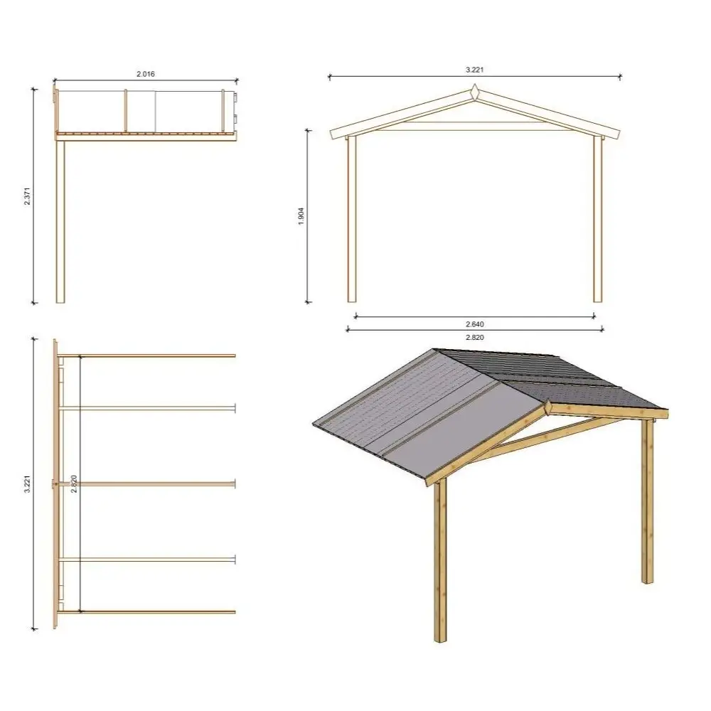 Abri de jardin en bois - 3x3 m + terrasse avec balustrade et avant-toit en bois - 15 m2 - Traité
