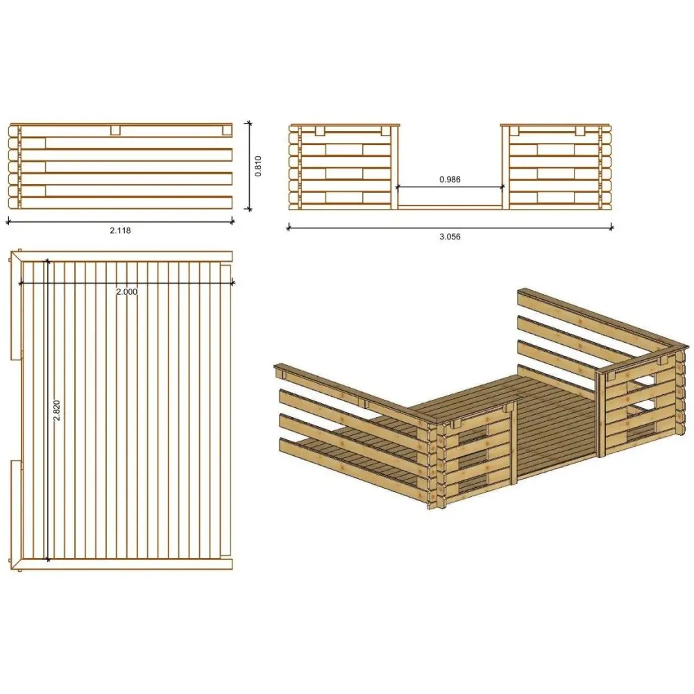 Abri de jardin en bois - 3x3 m + terrasse avec balustrade et avant-toit en bois - 15 m2 - Traité
