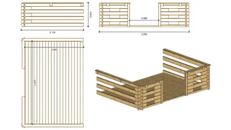 Abri de jardin en bois - 3x3 m + terrasse avec balustrade et avant-toit en bois - 15 m2 - Traité