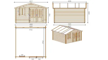 Abri de jardin en bois - 4x4 m + terrasse avec balustrade et avant-toit en bois - 24 m2 - Traité