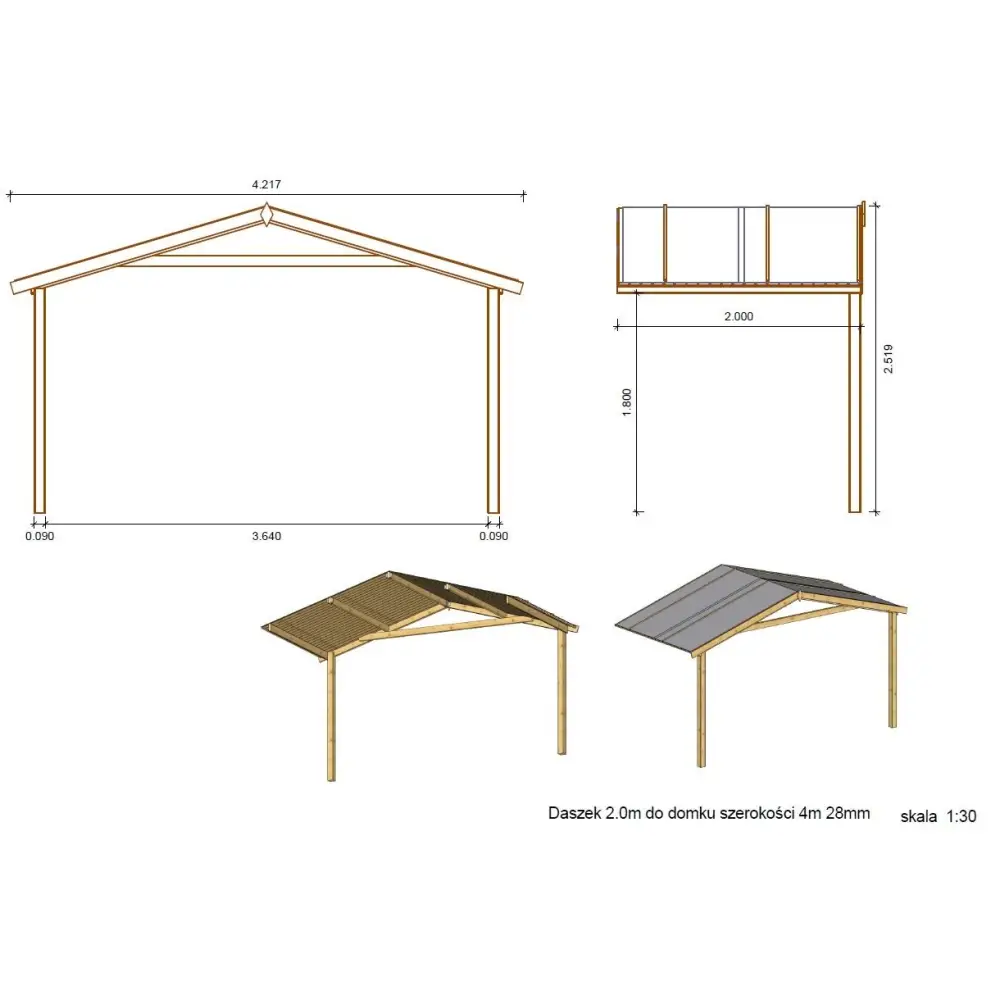 Abri de jardin en bois - 4x4 m + terrasse avec balustrade et avant-toit en bois - 24 m2 - Traité