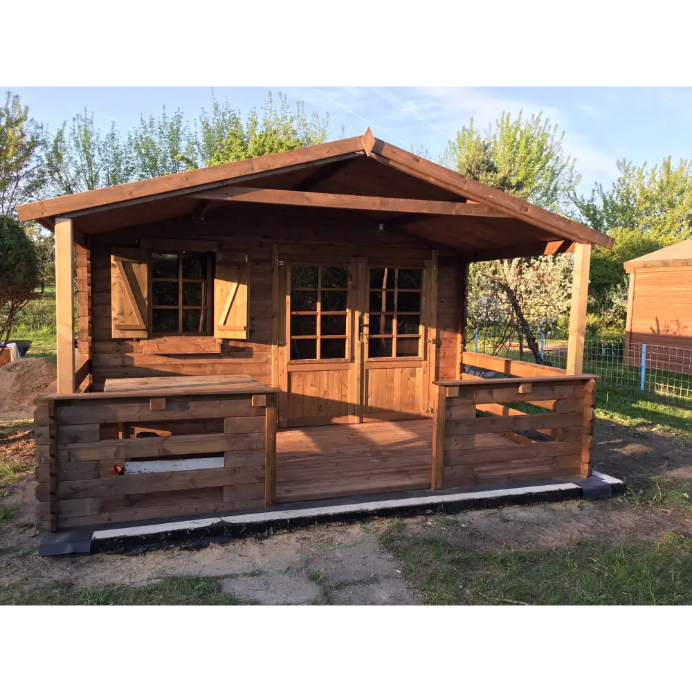 Abri de jardin en bois - 4x4 m + terrasse avec balustrade et avant-toit en bois - 24 m2 - Traité