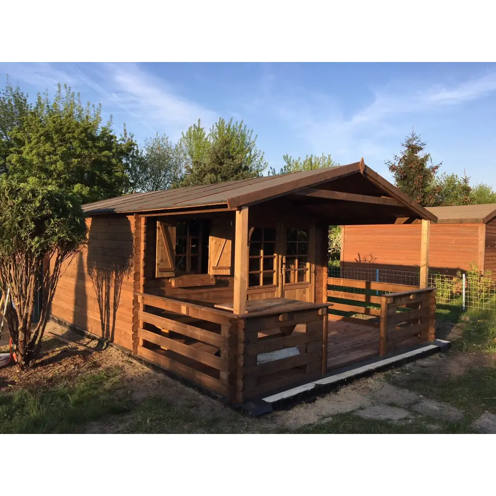 Abri de jardin en bois - 4x4 m + terrasse avec balustrade et avant-toit en bois - 24 m2 - Traité