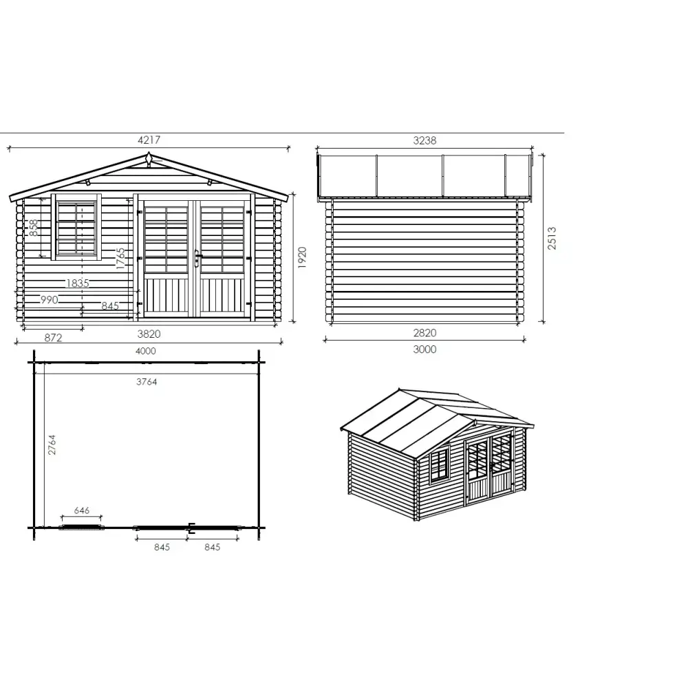Abri de jardin en bois - 12m2 - 4x3m - Ep. 28mm - Couleur: naturel