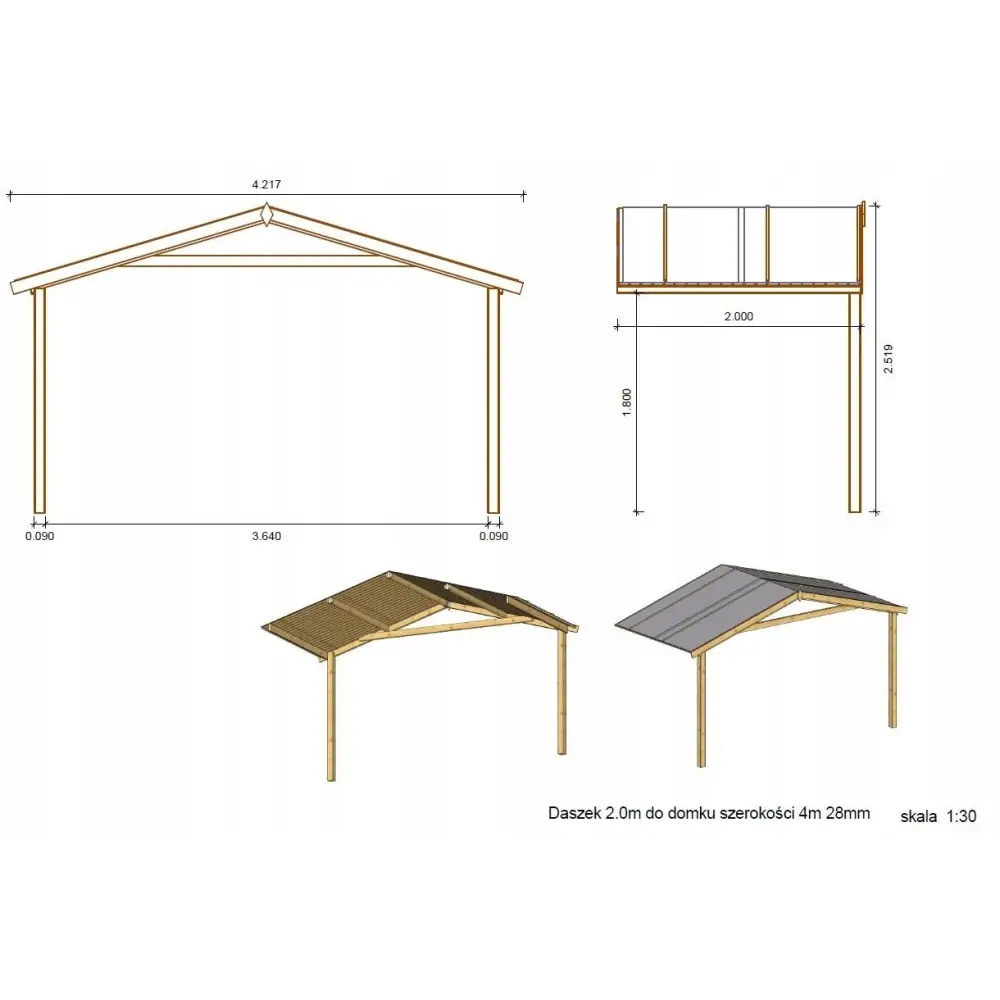 Avant-toit en bois 4x2m pour le chalet de jardin 4m, traité, marron