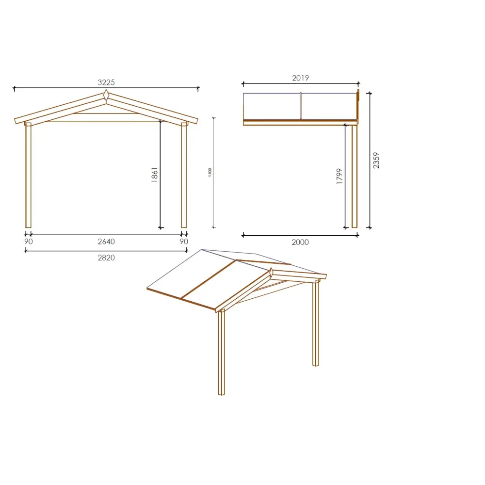 Avant-toit en bois 3x2m pour le chalet de jardin 3m, traité, marron