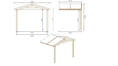 Avant-toit en bois 3x2m pour le chalet de jardin 3m, traité, marron